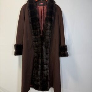 Alorna Super Fina Forstmann Wool Blend Faux Fur Trim Long Coat Brown Vintage